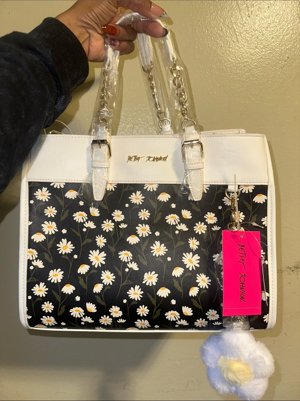 Betsey Johnson Black & White Daisy Print Tote with Pom Pom Charm